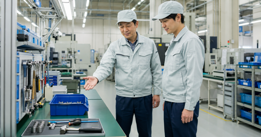置き方が少し変わった作業台を見て使いやすさを一緒に確認する職場改善の場面