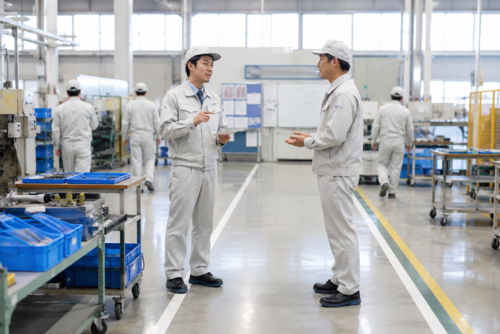 朝礼後に小さな報告を聞きやすい距離で受け止める職場改善の場面