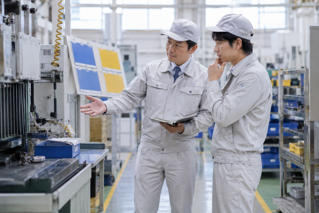 におい・音・表示のズレに気づき小さな兆しを一緒に確認する職場改善の場面