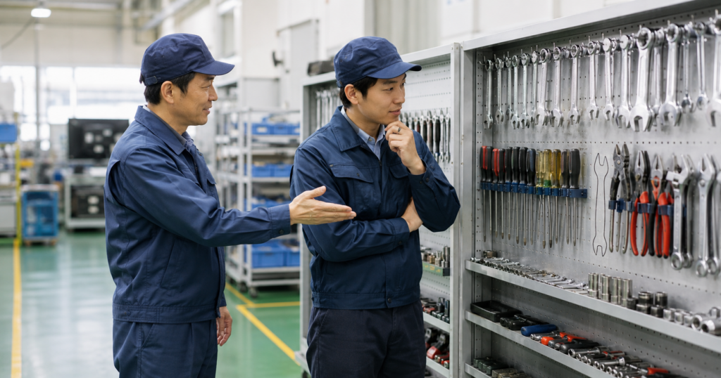 よく使う道具を探す場面で定位置を一緒に決めて仕事を軽くする職場改善