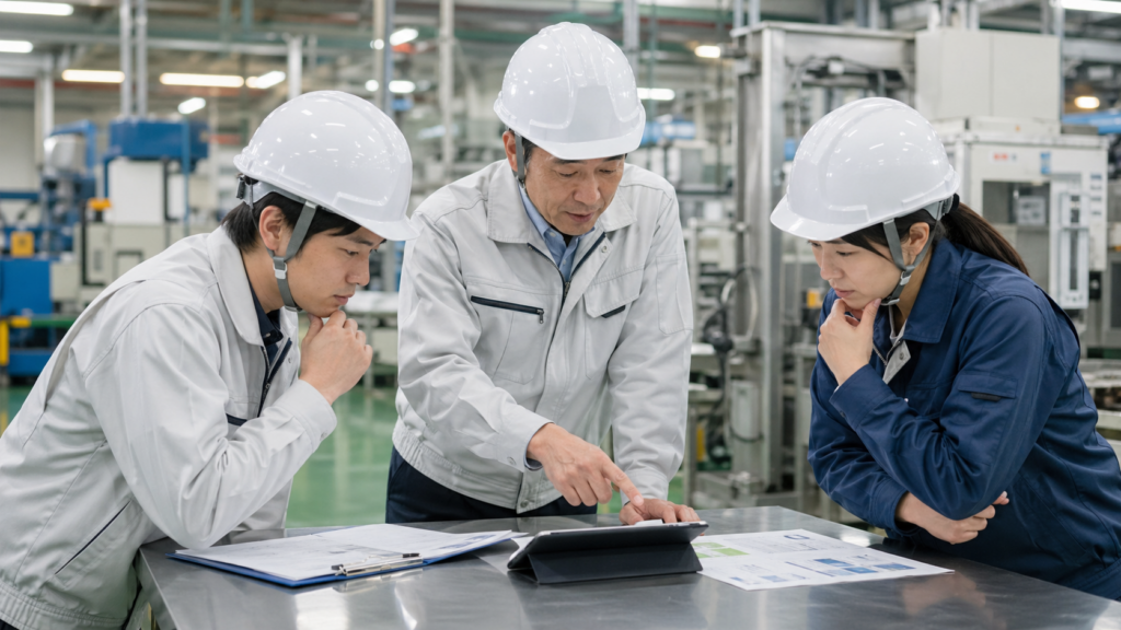 明るく整理された製造現場で、担当者が打ち合わせをしている様子
