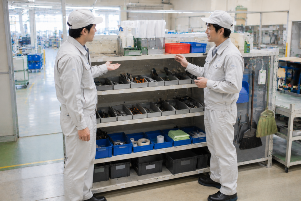 整った状態が続いている置き場の理由を職長と作業者が一緒に確認する職場改善