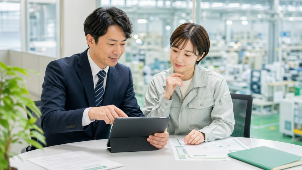 明るく整理された現場の休憩室で、改善案を話し合っている様子