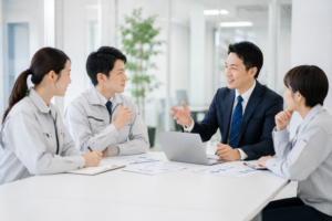 明るく整理された会議室の机を囲って四名の作業者が打ち合わせをしている様子