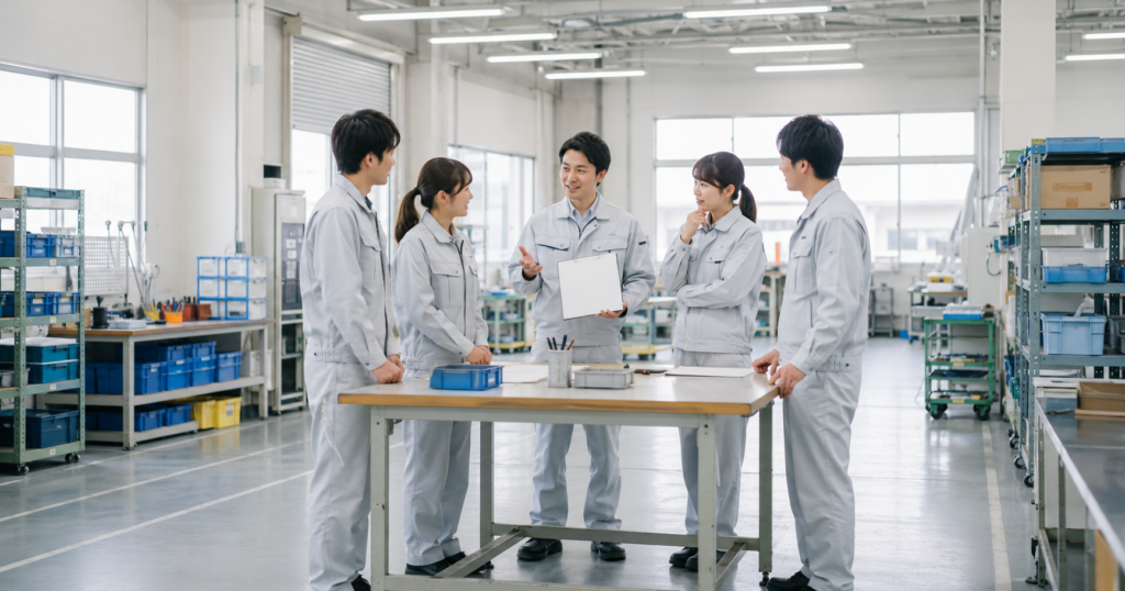 作業後の短い振り返りで次に楽になる工夫を一つ出す職場改善の場面