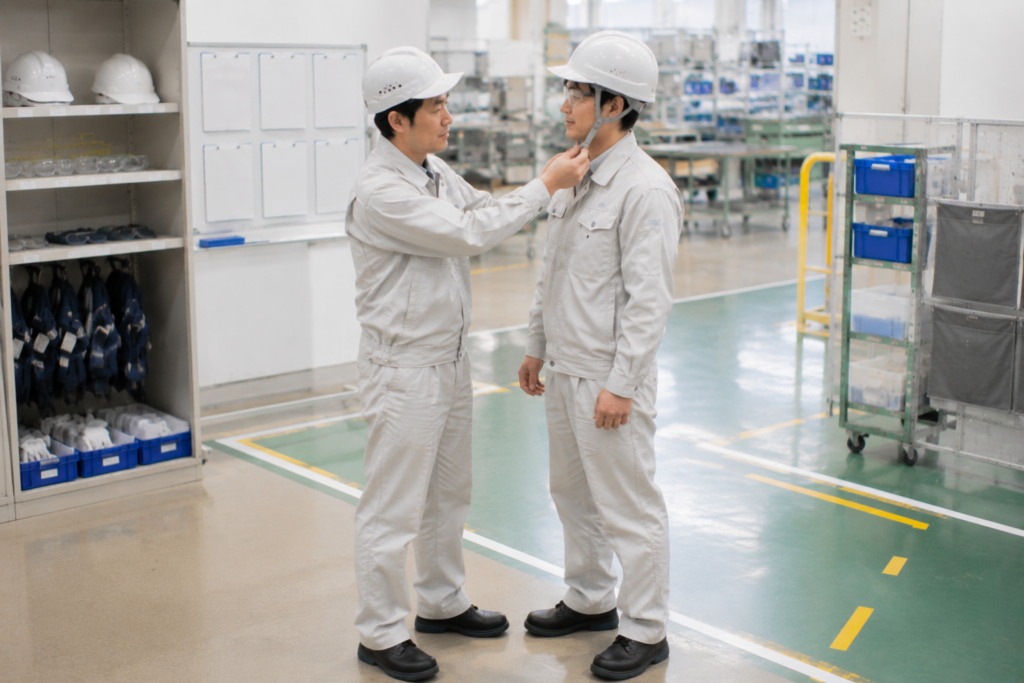 保護具の着用確認を守るための声かけとしてやさしく伝える職場改善の場