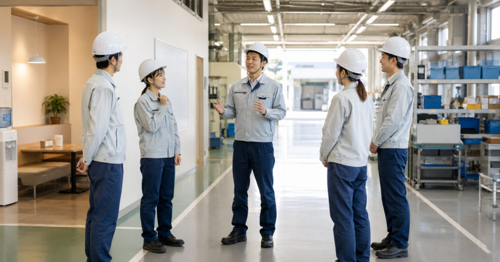 朝礼でいつもと違う体調を早めに伝えやすくする職場改善の場面
